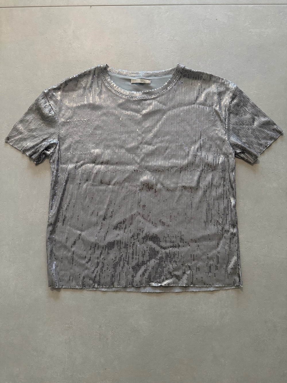 Zara Silver Sequin Crewneck Short-Sleeve Top